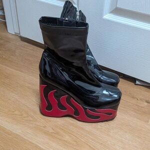 Rare Dolls Kill La Moda Flame Platform Boots Women 6‎ Black Red Good Patent Y2K